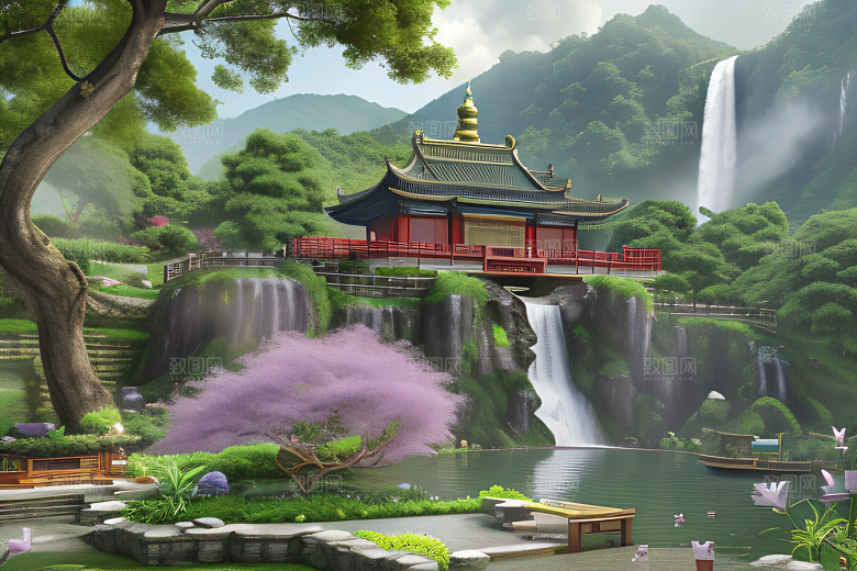 紫色花海湖畔仙境中的睡莲花园