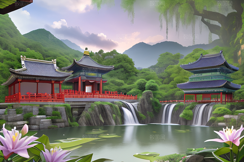 紫色花海湖畔仙境中的睡莲花园