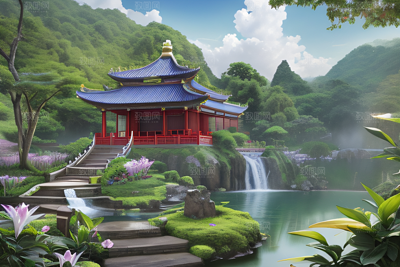 紫色花海湖畔仙境中的睡莲花园