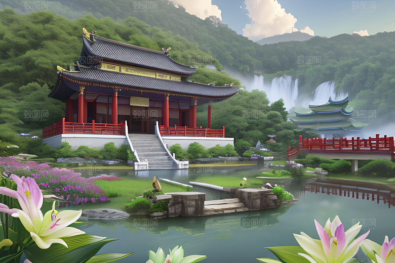 紫色花海湖畔仙境中的睡莲花园