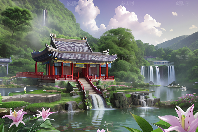 紫色花海湖畔仙境中的睡莲花园