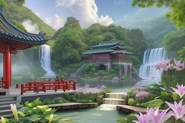 紫色花海湖畔仙境中的睡莲花园
