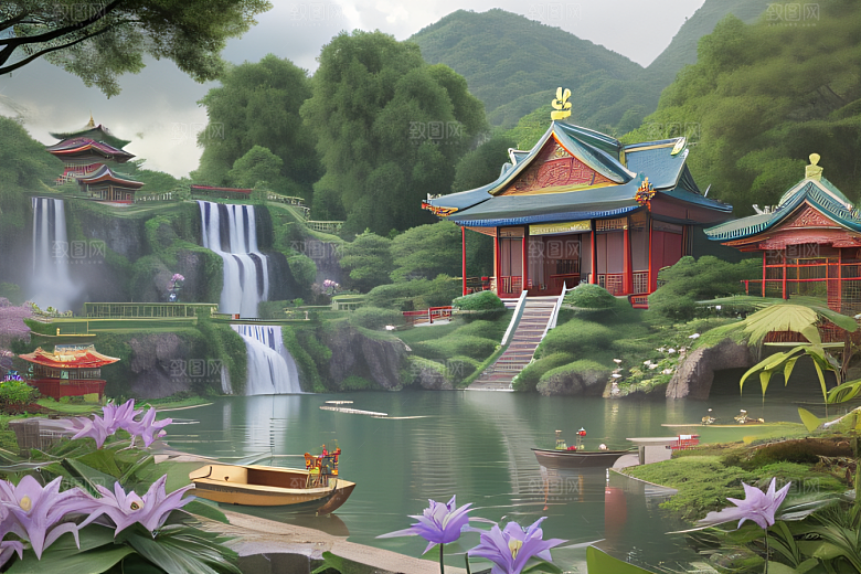 紫色花海湖畔仙境中的睡莲花园