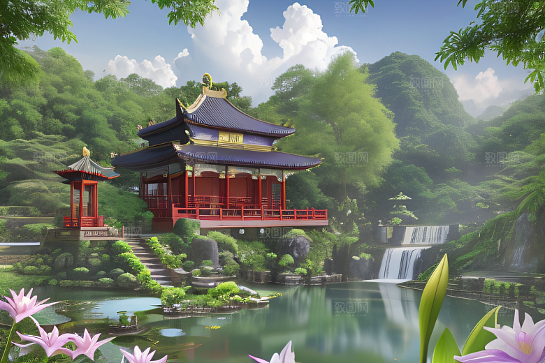 紫色花海湖畔仙境中的睡莲花园