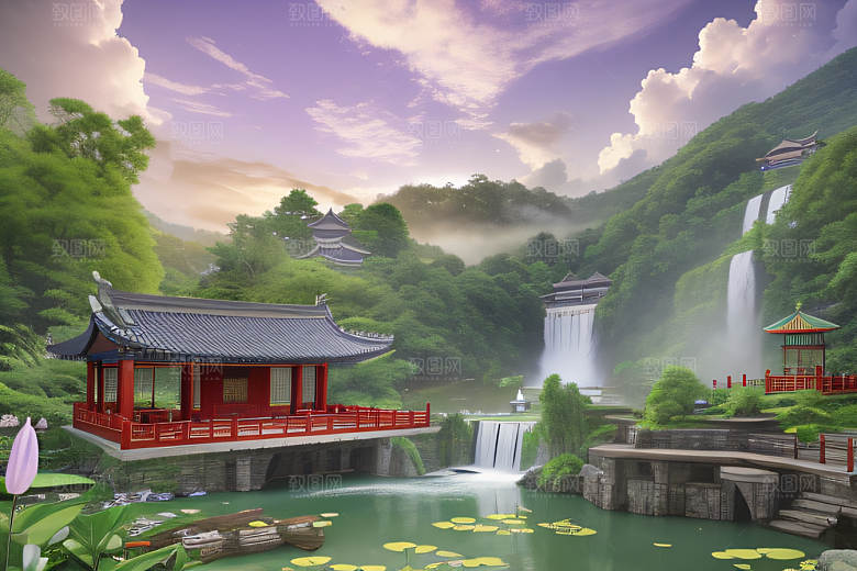 紫色花海湖畔仙境中的睡莲花园