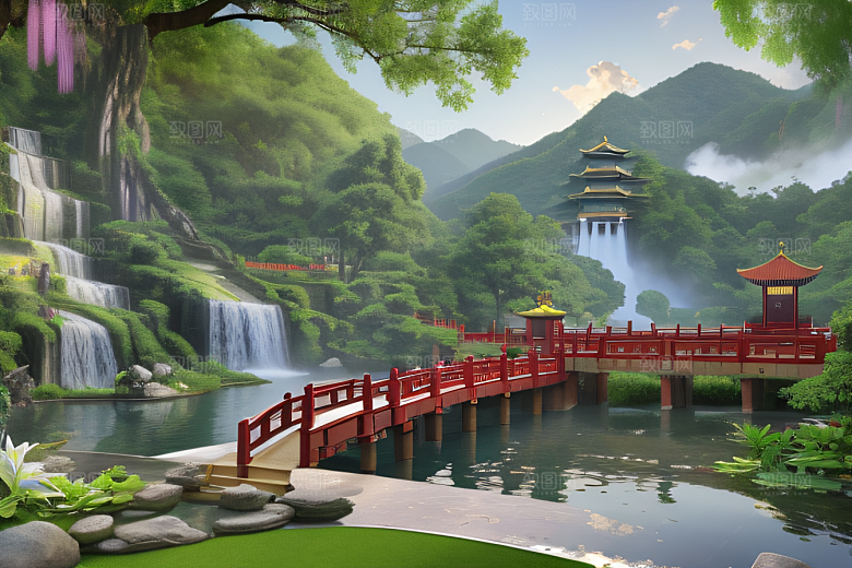 美不胜收湖畔的寺庙船只与瀑布
