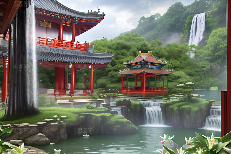 美不胜收湖畔的寺庙船只与瀑布