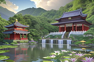 美不胜收湖畔的寺庙船只与瀑布