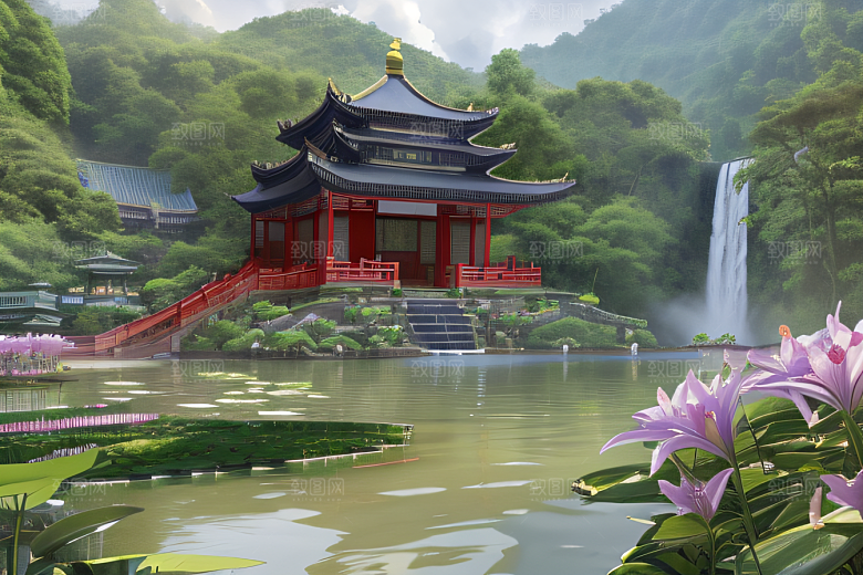 美不胜收湖畔的寺庙船只与瀑布