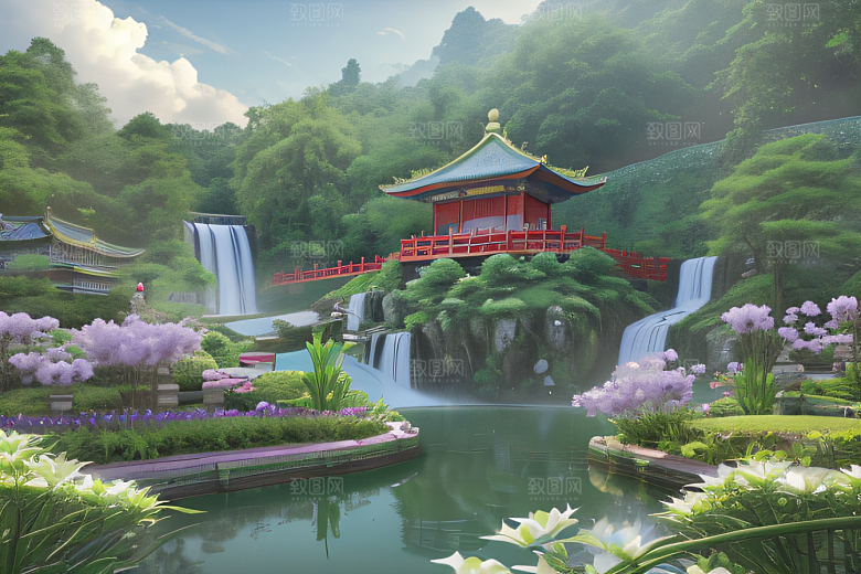 美不胜收湖畔的寺庙船只与瀑布