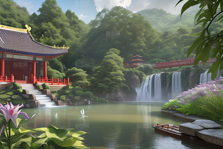 美不胜收湖畔的寺庙船只与瀑布