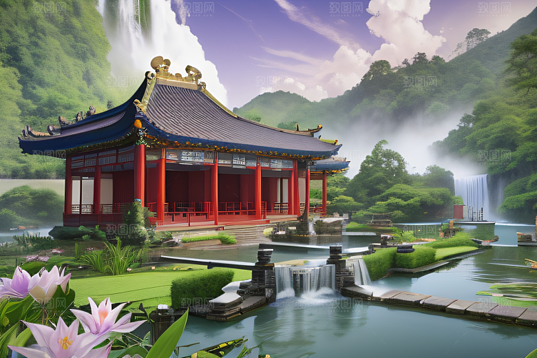 美不胜收湖畔的寺庙船只与瀑布