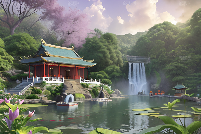 美不胜收湖畔的寺庙船只与瀑布