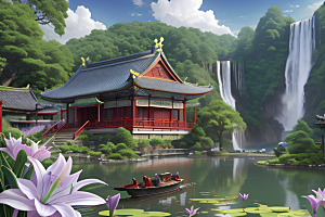 美不胜收湖畔的寺庙船只与瀑布