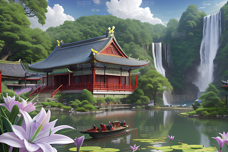 美不胜收湖畔的寺庙船只与瀑布