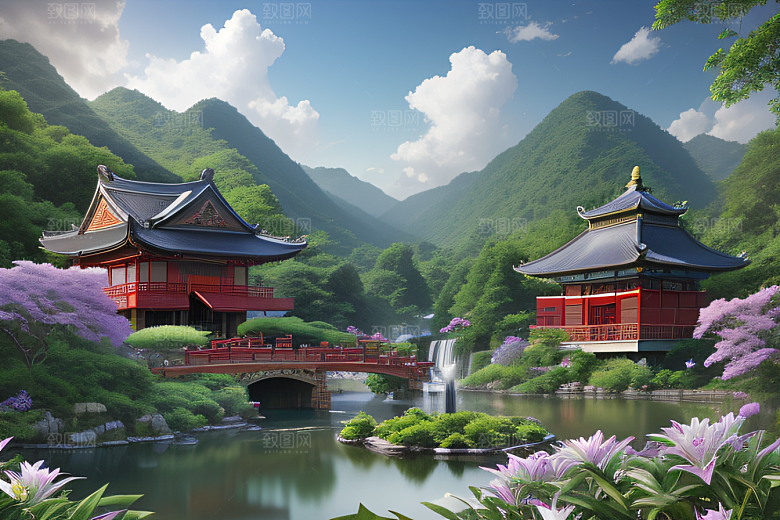 美不胜收湖畔的寺庙船只与瀑布