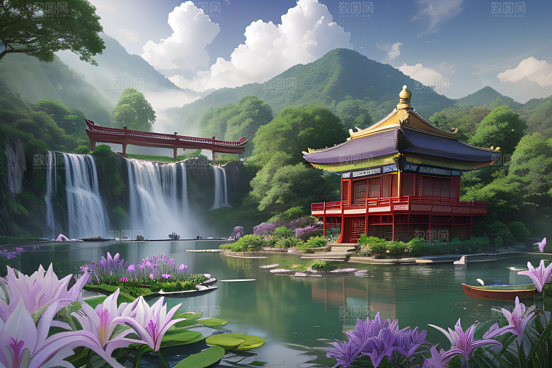 美不胜收湖畔的寺庙船只与瀑布
