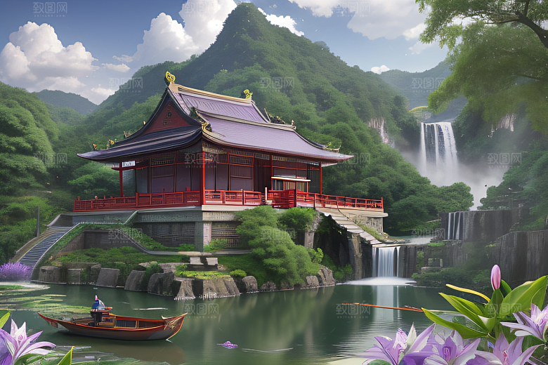 美不胜收湖畔的寺庙船只与瀑布
