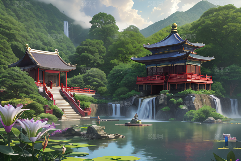 美不胜收湖畔的寺庙船只与瀑布