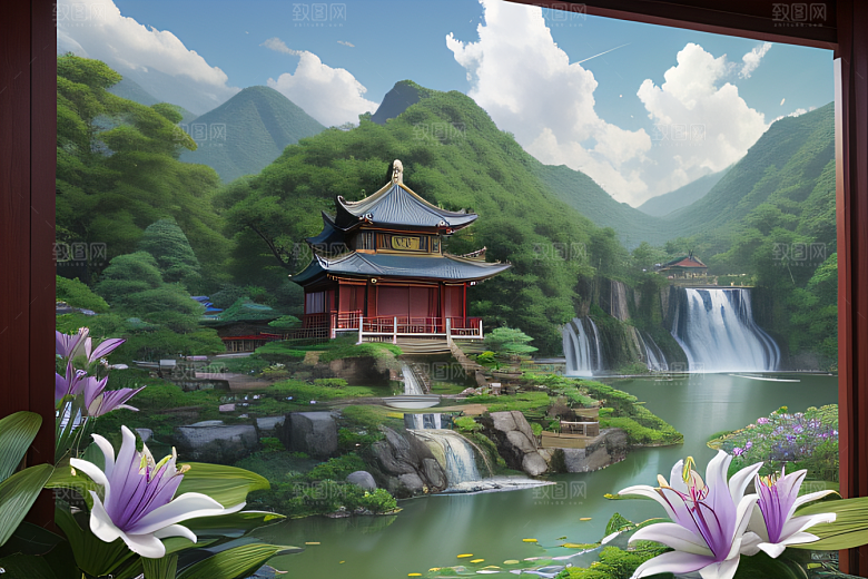 美不胜收湖畔的寺庙船只与瀑布