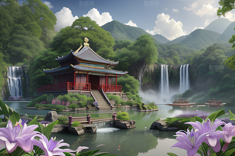 美不胜收湖畔的寺庙船只与瀑布