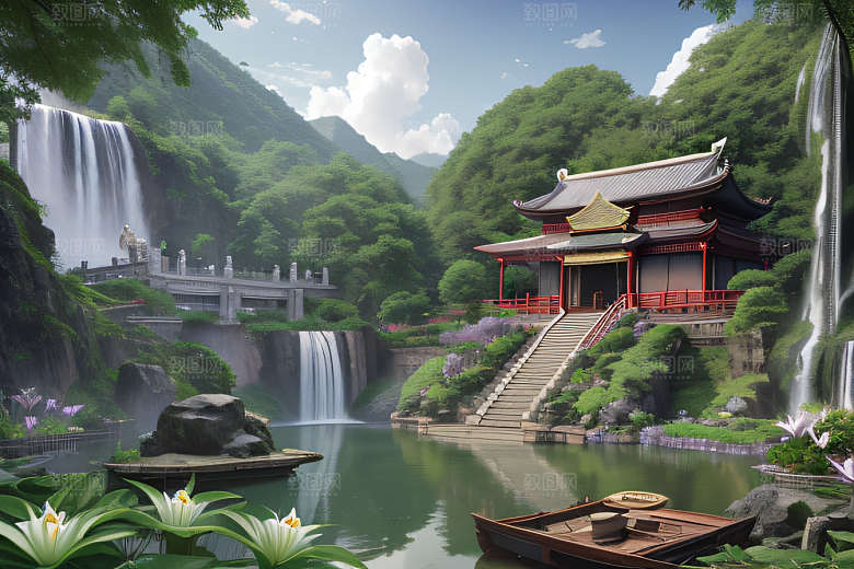 美不胜收湖畔的寺庙船只与瀑布