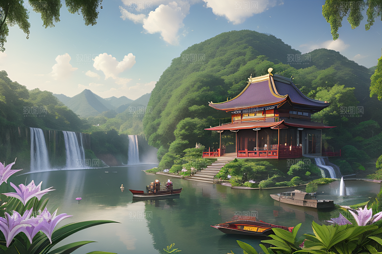 云雾缭绕湖畔仙境中的紫色睡莲花园