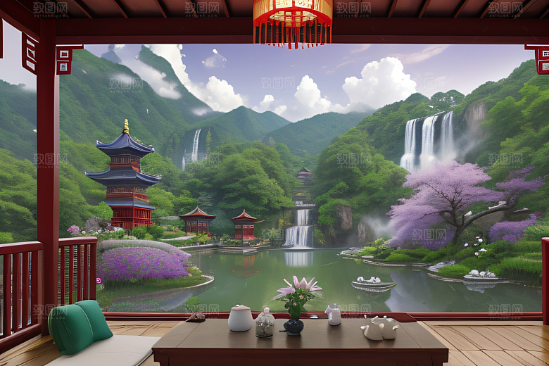 云雾缭绕湖畔仙境中的紫色睡莲花园