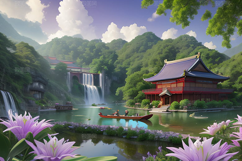 云雾缭绕湖畔仙境中的紫色睡莲花园