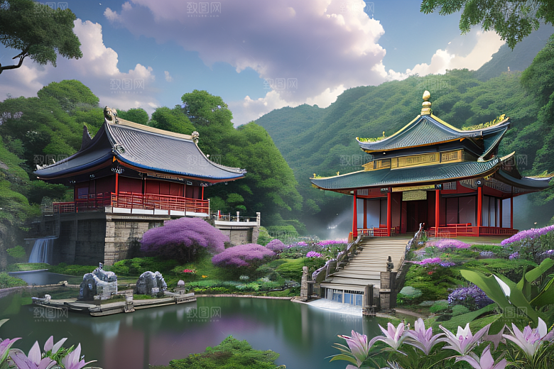云雾缭绕湖畔仙境中的紫色睡莲花园