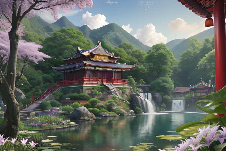 云雾缭绕湖畔仙境中的紫色睡莲花园