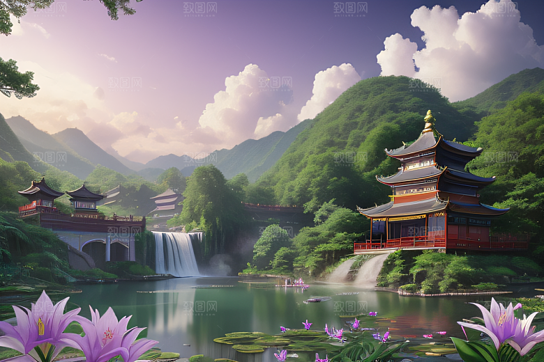 云雾缭绕湖畔仙境中的紫色睡莲花园