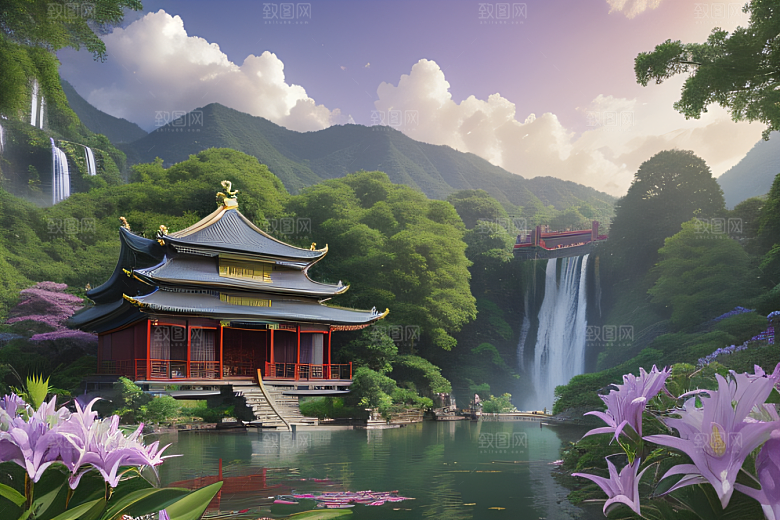 云雾缭绕湖畔仙境中的紫色睡莲花园