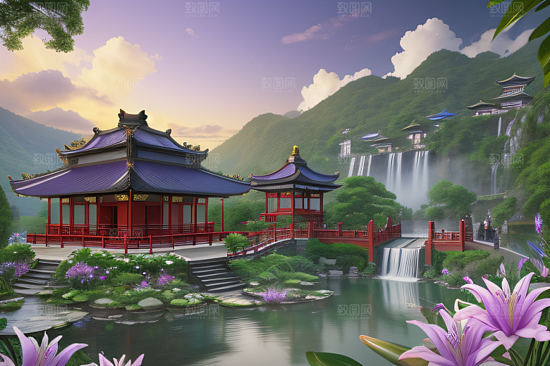 云雾缭绕湖畔仙境中的紫色睡莲花园