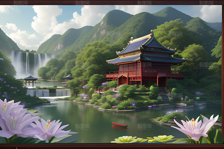 云雾缭绕湖畔仙境中的紫色睡莲花园