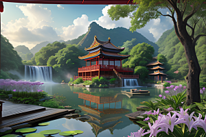 云雾缭绕湖畔仙境中的紫色睡莲花园