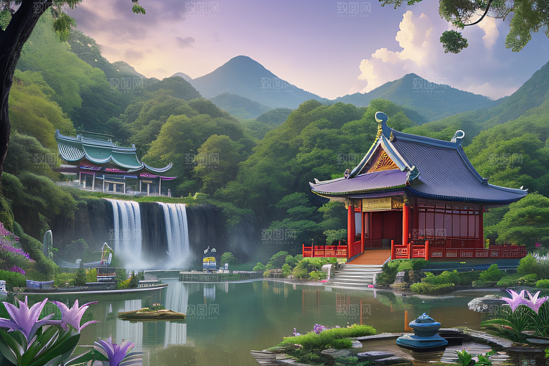 云雾缭绕湖畔仙境中的紫色睡莲花园