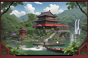 云雾缭绕湖畔仙境中的紫色睡莲花园