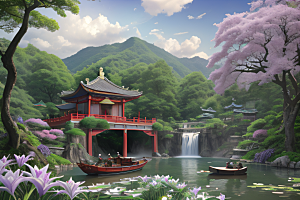 云雾缭绕湖畔仙境中的紫色睡莲花园