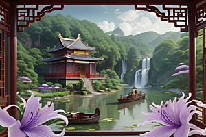 云雾缭绕湖畔仙境中的紫色睡莲花园