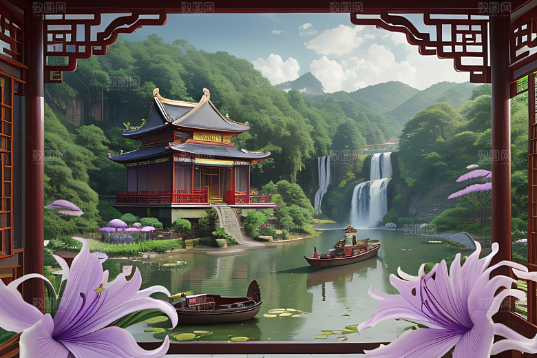 云雾缭绕湖畔仙境中的紫色睡莲花园