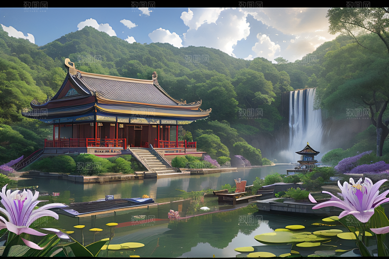 云雾缭绕湖畔仙境中的紫色睡莲花园