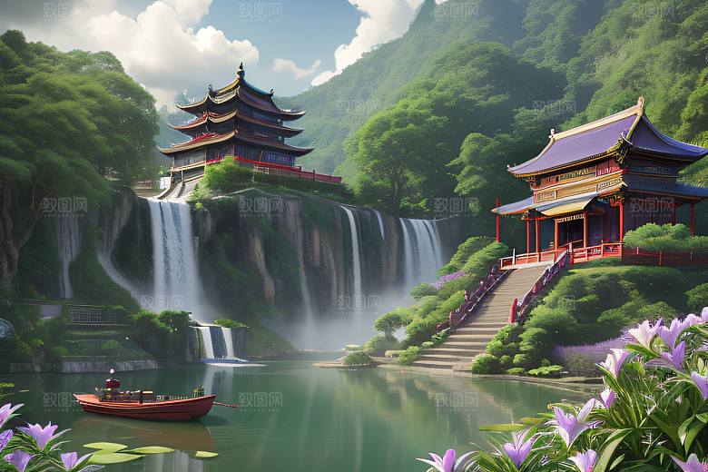 云雾缭绕湖畔仙境中的紫色睡莲花园