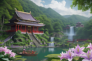 清新梦境湖畔寺庙与瀑布的奇幻之旅