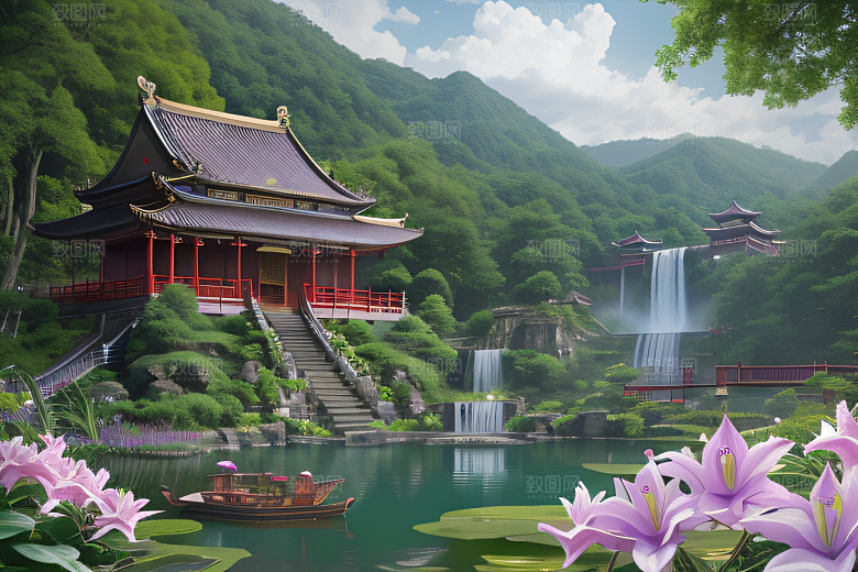 清新梦境湖畔寺庙与瀑布的奇幻之旅