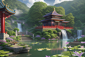清新梦境湖畔寺庙与瀑布的奇幻之旅