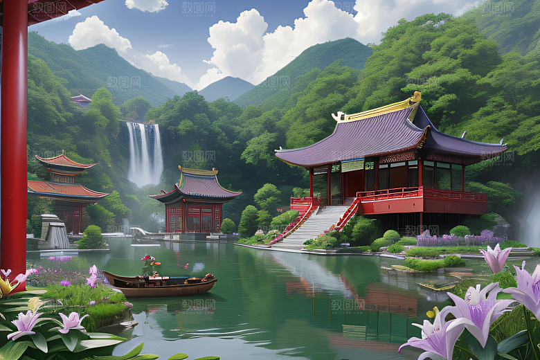 清新梦境湖畔寺庙与瀑布的奇幻之旅
