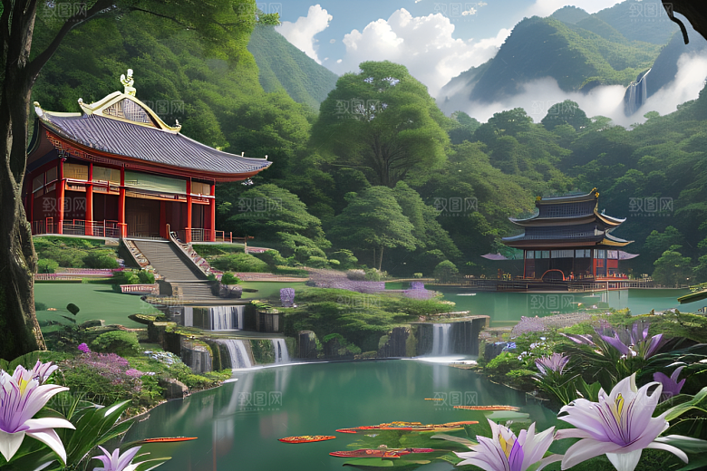 清新梦境湖畔寺庙与瀑布的奇幻之旅