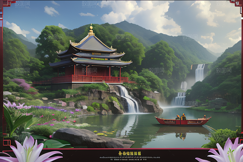 清新梦境湖畔寺庙与瀑布的奇幻之旅