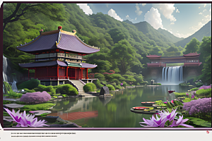 清新梦境湖畔寺庙与瀑布的奇幻之旅